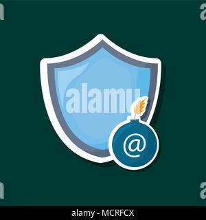 cyber security design with shield with bomb icon over green background, colorful design. vector illustration Stock Vector