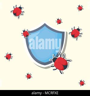 cyber security design with shield with virus bugs over white background, colorful design. vector illustration Stock Vector