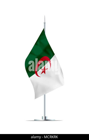 Small Algeria flag  on a metal pole. The flag has nicely detailed textile texture. Isolated on white background. 3D rendering. Stock Photo