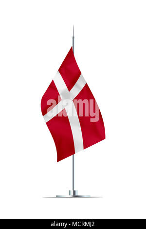 Small Denmark flag  on a metal pole. The flag has nicely detailed textile texture. Isolated on white background. 3D rendering. Stock Photo