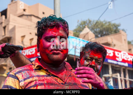 Celebrating Holi, a Hindu festival celebrating spring and love with colours. Photographed in Varanasi Uttar Pradesh, India Stock Photo