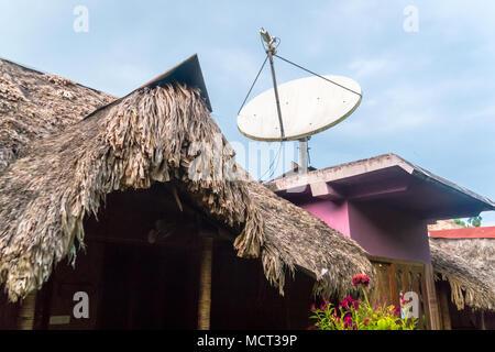 Satellite dish on thatch roof. Cheap accommodation on the island. Stock Photo