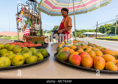 People look over fresh fruits, including mangos, in front of an open market and fruit stand on the side of the road near Kona, Hawaii, on the Big Island. Stock Photo