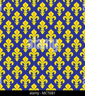 Royal Heraldic Lilies (Fleur-de-lis) — dark blue yellow/violet velvet, seamless pattern, wallpaper background. Stock Vector