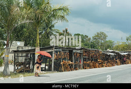 stalls selling wooden souvenirs on a street near campeche, mexico Stock Photo