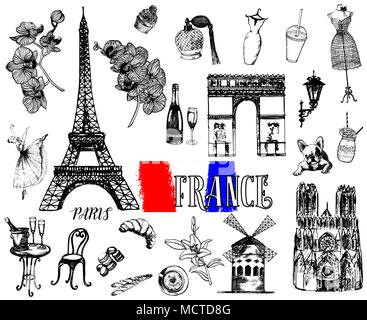 Set of hand drawn sketch style French themed objects isolated on white background. Vector illustration. Stock Vector