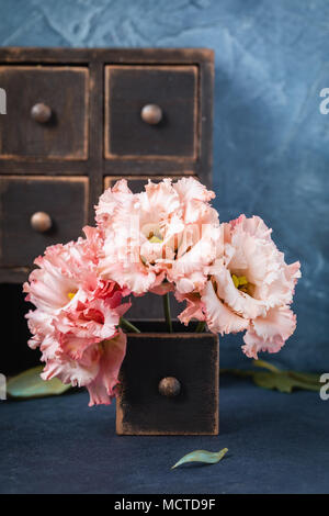 Pink garden carnations in the old box on dark background, postcard or wedding invitation concept Stock Photo