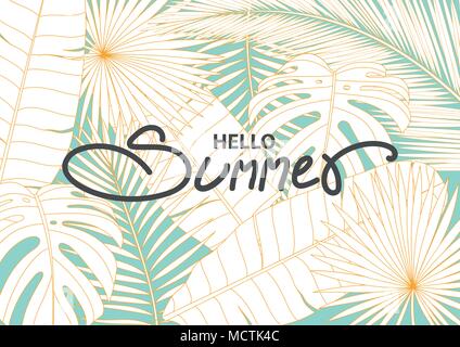 Poster or background design in simple style with space for text. Banner template for summer event with monstera, banana leaves, palm leaves and coconu Stock Vector