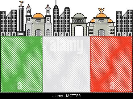 flag of mexico with iconic mexican building icon over white background, colorful design. vector illustration Stock Vector