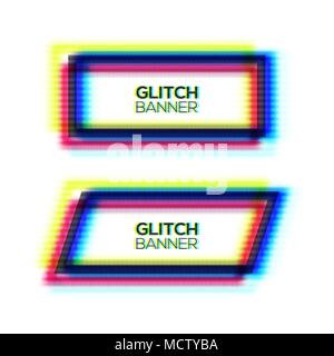 Abstract glitch texture square frame set. Geometric style art. Distorted modern rectangle background with glitch effect. Broken glitched sign concept rgb cmyk colors channel. Color vector illustration Stock Vector