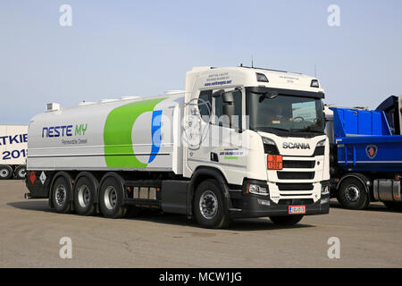 LIETO, FINLAND - APRIL 12, 2018: White new Scania R520 B8x4 fuel tanker for Neste MY Renewable Diesel on Scania Tour 2018 in Turku. Stock Photo