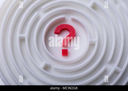 Elevated View Of Maze With Red Question Mark In Center Stock Photo