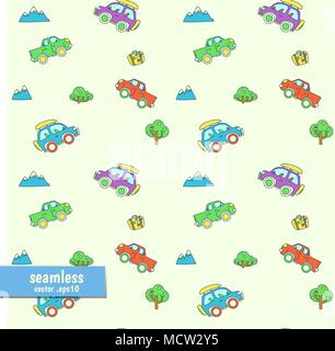 Seamless vector color pattern with cartoon suv and pickups stylized for children Stock Vector