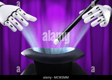 Close-up Of A Robotic Hand Holding Magic Wand Over Illuminated Hat Against Purple Curtain Stock Photo