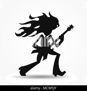 Isolated vector silhouette of the metalhead, long haired rock guitarist cartoon image Stock Vector