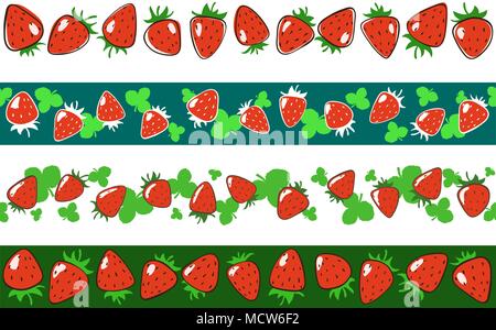 Cartoon strawberry endless borders vector set for your summer design Stock Vector