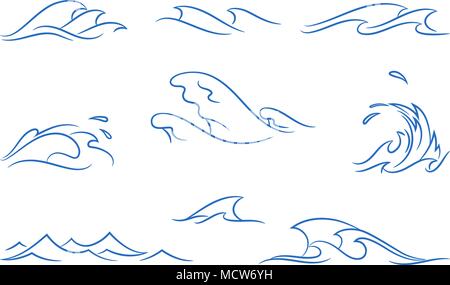set of a different simple stylized pinstripe ocean waves, vector illustration Stock Vector