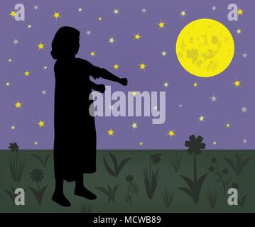 Young sleepwalker girl suffering from somnambulism walking on meadow at night Stock Vector