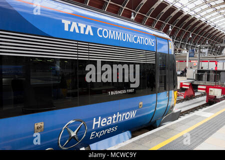 Tata Communication Heathrow Express train arriving at Paddington Station, Praed Street, Paddington, London, W2, UK Stock Photo