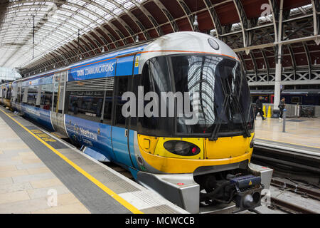 Tata Communication Heathrow Express train arriving at Paddington Station, Praed Street, Paddington, London, W2, UK Stock Photo