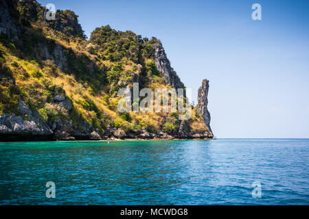 Scenic view of Loh samah bay with blue sky and water, Phi Phi Island, Thailand Stock Photo