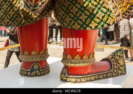 Detail of the feet of a giant statue in the Wat Phra Kaew Palace, also known as the Emerald Buddha Temple. Bangkok, Thailand. Stock Photo