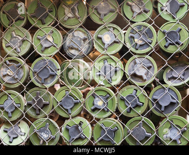 Landmines - close up of PMN2 Russian anti personnel mines, Cambodia Landmine Museum, Angkor, Cambodia Asia Stock Photo