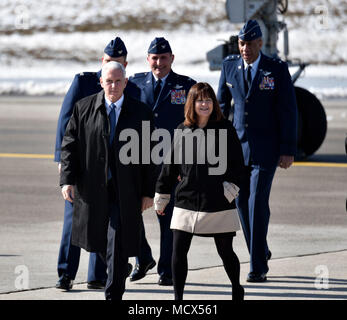 Maj. Gen. Leonard Isabelle, Col. Bryan Teff and Col. Josiah Meyers greeted Vice President of the United States Michael Pence at Detroit Metro Airport, March 2, 2018. Vice President Pence took the time to take photos and shake hands with civilians in attendance and Airman from the 110th Attack Wing, Battle Creek, Mich. during his visit. (Air National Guard photo by Tech. Sgt. Jason Boyd/Released) Stock Photo