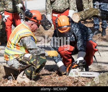 1st Sgt. Robert Rathbun, left, a member of the New York Guard's 102nd Engineers, delivers a block of instruction on chainsaw operation and safety on Camp Smith Training Site, Cortlandt Manor, N.Y., Mar. 6, 2018 to memberes of the New York Military Forces called in to conduct debris clearance missions following a snowstorm on March 2. The New York Guard is the state's volunteer response force. Two hundred members of the New York Army and Air National Guard, and New York Naval Militia,  and N.Y. Guard have been activated following last Friday’s nor’easter to local emergency services with debris  Stock Photo