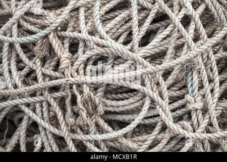 Gray sea ropes lie in a heap in fishing port of Busan Stock Photo