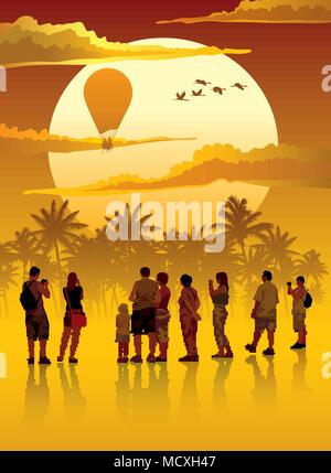Group of tourists is watching and photographing sunset over tropical jungle. Stock Vector