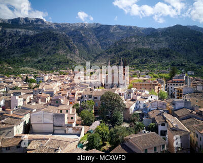 View of the old town with church of St. Bartholomew, Roman Catholic parish church, Sóller, mountains at the back Stock Photo