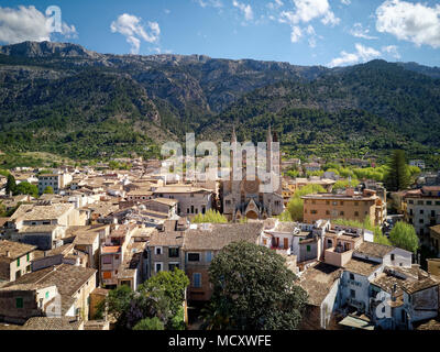 View of the old town with church of St. Bartholomew, Roman Catholic parish church, Sóller, mountains at the back Stock Photo