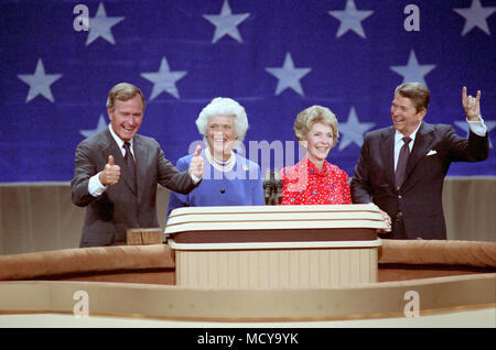 8/23/1984 President Reagan Nancy Reagan Barbara Bush George Bush Trip to Texas celebration after Acceptance speech at 1984 Republican National Convention at Dallas Convention Center - Stock Photo