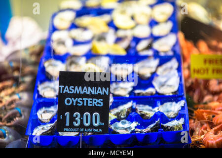 Tasmanian oysters in blue tray sold in Queen Victoria Market, Melbourne, Victoria, Australia, Australasia. Stock Photo