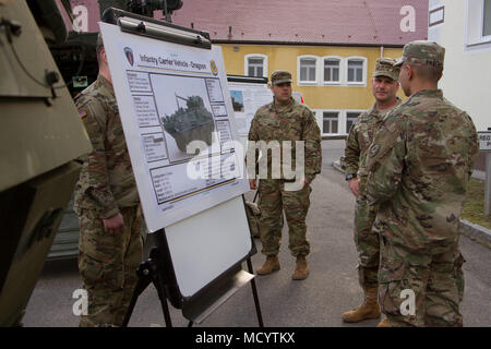 Lt. Gen. Christopher Cavoli, commanding general for U.S. Army Europe speaks with Sgt. Jayson Pascual and Sgt. Armando Martinez, both infantrymen with Ghost Troop, 2d Squadron, 2d Cavalry Regiment, about the new Stryker Infantry Carrier Vehicle-Dragoon. The two sergeants are part of a group of Soldiers who are the first to train on the Stryker that is being issued throughout the Regiment.  (Photo by: Staff Sgt. Jennifer Bunn) Stock Photo
