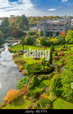 Looking down on the ornamental gardens at Kilver Court from the railway viaduct that runs through them in Shepton Mallett, Somerset, England, UK Stock Photo