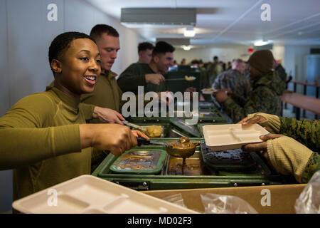 Lance Cpl. Chandaja Adams, a food service specialist with 2nd Transportation Support Battalion, 2nd Marine Logistics Group, serves food during Exercise Arctic Edge 18, at Fort Greely, Alaska, March 11, 2018. Arctic Edge 18 is a biennial, large-scale, joint-training exercise that prepares and tests the U.S. military’s ability to operate tactically in the extreme cold-weather conditions found in Arctic environments with more than 1500 participants from the Air Force, Army, Coast Guard, Marine Corps, and Navy utilizing the unique and expansive air and ground training areas in Alaska. (U.S Marine  Stock Photo