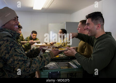 Lance Cpl. Daniel Aldana, a distribution management specialist Combat Logistics Regiment 25, 2nd Marine Logistics Group, serves food during Exercise Arctic Edge 18, at Fort Greely, Alaska, March 11, 2018. 2MLG is part of the Joint Force Land Component Command in support of exercise Arctic Edge 18. As the JFLCC for the exercise, U.S. Army Alaska is the headquarters responsible for command and control of all ground-based forces participating in the exercise. Arctic Edge 2018 is a biennial, large-scale, joint training exercise that prepares and tests the U.S. military’s ability to operate tactica Stock Photo