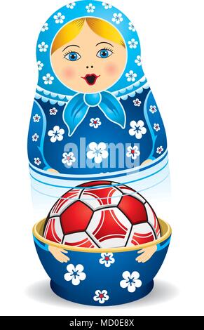 Blue matryoshka opening with a red soccer ball inside it on white background. Matryoshka doll also known as a Russian nesting doll Stock Vector