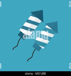 Firework rockets icon in flat long shadow design. In white and blue colors for Israel Independence Day holiday concept. Stock Vector
