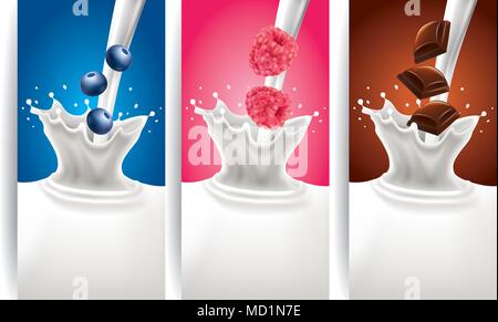 milk splash with blueberry, raspberry, chocolate Stock Vector