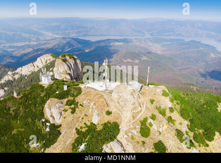 Ceahlau Toaca weather station in mountain of Romania. aerial view Stock Photo