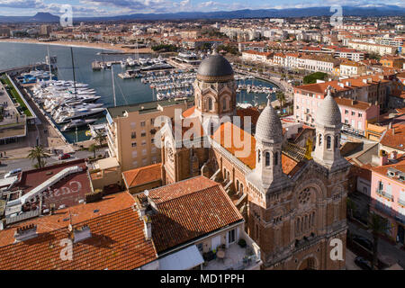 France, Var, Aerial view of Saint Raphael, Harbor and Notre Dame de la Victoire church, Stock Photo