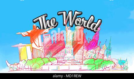 The World, famous colored buildings. Hand drawn skyline illustration. Travel the world concept vector image for digital marketing and poster prints. Stock Vector