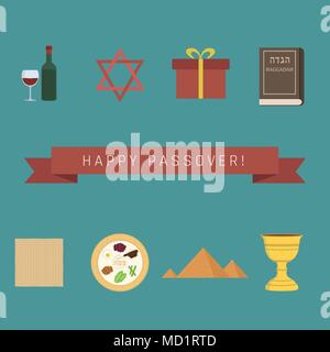 Passover holiday flat design icons set with text in english 'Happy Passover'. Stock Vector
