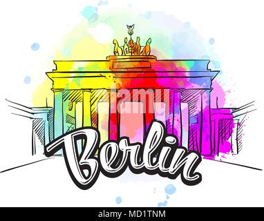 Berlin Brandenburg Gate Cover Art. Hand drawn illustration. Travel the world concept vector image for digital marketing and poster prints. Stock Vector