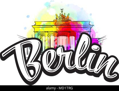 Berlin Brandenburg Gate Drawing with Headline. Hand drawn illustration. Vector image for digital marketing and poster prints. Stock Vector