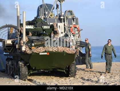 TEL AVIV, Israel (Mar. 7, 2018) Marines from the 26th Marine Expeditionary Unit unload assault reconnaissance vehicles from a Landing Craft Air Cushion as part of Exercise Juniper Cobra 2018. Juniper Cobra 2018 is a ballistic missile defense joint U.S.-Israel exercise that uses computer simulations to train forces and enhance interoperability. (U.S. Navy photo by Chief Mass Communication Specialist Michael McNabb/Released) Stock Photo