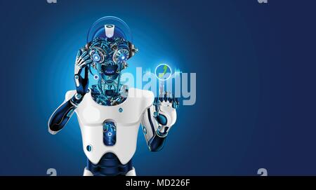 Robot head with headset. Robot receives the call. The Bot talk with customer on phone or chat. Web sait assistant. Automatic call center. Futuristic concept. Stock Vector